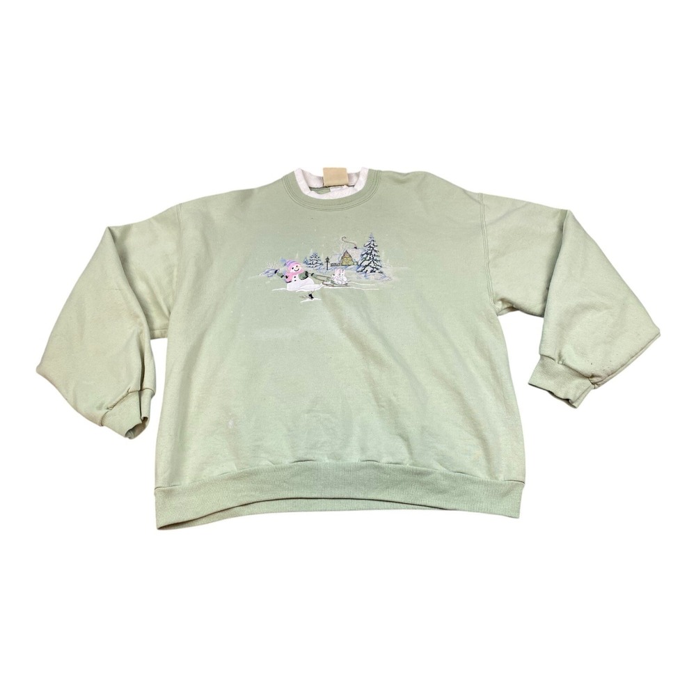 VTG Top Stitch Sweatshirt‎ Christmas Womens LARGE Collar Cute Grandma Snow 90s